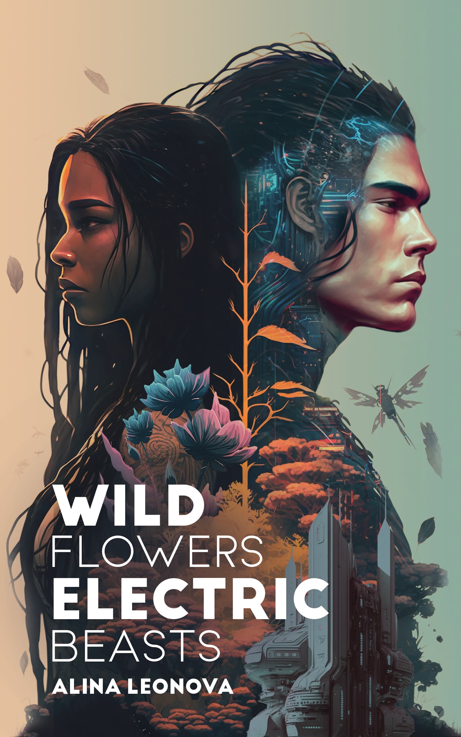 A book cover of 'Wild Flowers, Electric Beasts' by Alina Leonova. A dark-skinned woman and a light-skinned man standing back to back. There are wires and electronics visible under the man's skin on his head and neck. Flowers and plants separate them. Light yellow background behind the woman that merges with light-turquoise background behind the man.