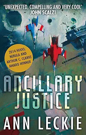 Ancillary Justice by Ann Leckie. Two small spaceships that look kind of like jets flying over something that's probably a spaceship and a moon with craters below it.