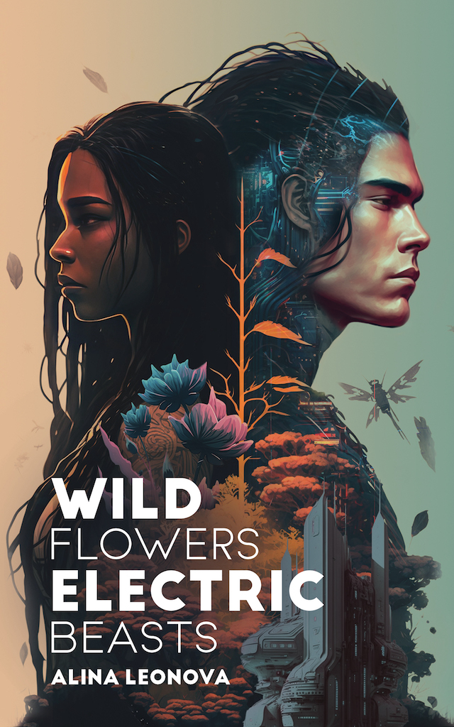 A book cover of 'Wild Flowers, Electric Beasts' by Alina Leonova. A dark-skinned woman and a light-skinned man standing back to back. There are wires and electronics visible under the man's skin on his head and neck. Flowers and plants separate them. Light yellow background behind the woman that merges with light-turquoise background behind the man. 