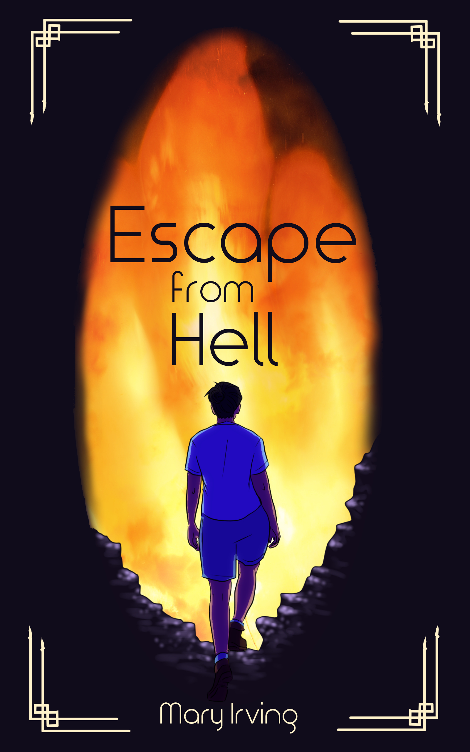 Escape From Hell by Mary Irving cover. A short-haired person wearing a T-shirt and shorts with their back to the viewer walking into flames.