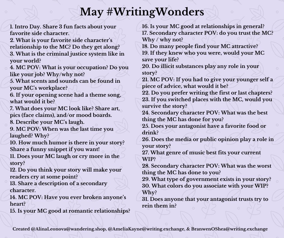 May #WritingWonders. 1. Intro Day. Share 3 fun facts about your favorite side character.  2. What is your favorite side character’s relationship to the MC? Do they get along? 3. What is the criminal justice system like in your world? 4. MC POV: What is your occupation? Do you like your job? Why/why not? 5. What scents and sounds can be found in your MC’s workplace? 6. If your opening scene had a theme song, what would it be? 7. What does your MC look like? Share art, pics (face claims), and/or mood boards. 8. Describe your MC’s laugh.  9. MC POV: When was the last time you laughed? Why? 10. How much humor is there in your story? Share a funny snippet if you want! 11. Does your MC laugh or cry more in the story? 12. Do you think your story will make your readers cry at some point? 13. Share a description of a secondary character. 14. MC POV: Have you ever broken anyone’s heart?  15. Is your MC good at romantic relationships? 16. Is your MC good at relationships in general? 17. Secondary character POV: do you trust the MC? Why / why not? 18. Do many people find your MC attractive?  19. If they knew who you were, would your MC save your life? 20. Do illicit substances play any role in your story? 21. MC POV: If you had to give your younger self a piece of advice, what would it be? 22. Do you prefer writing the first or last chapters? 23. If you switched places with the MC, would you survive the story? 24. Secondary character POV: What was the best thing the MC has done for you? 25. Does your antagonist have a favorite food or drink? 26. Does the media or public opinion play a role in your story? 27. What genre of music best fits your current WIP? 28. Secondary character POV: What was the worst thing the MC has done to you? 29. What type of government exists in your story? 30. What colors do you associate with your WIP? Why? 31. Does anyone that your antagonist trusts try to rein them in?