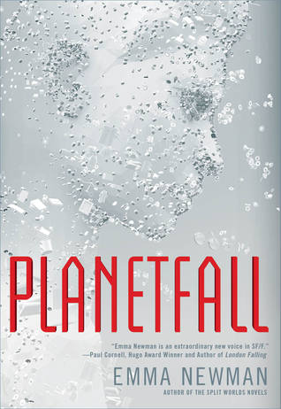 Planetfall cover: light grey background, and outline of a human face composed of specks and geometrical figures and particles that also fly out of the face 