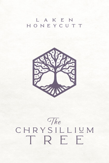The Chrysillium Tree by Laken Honeycutt cover. Creamy white cover, minimalist design. A symbol of a tree locked in a hexagon. There are stars in the branches and the roots are visible.