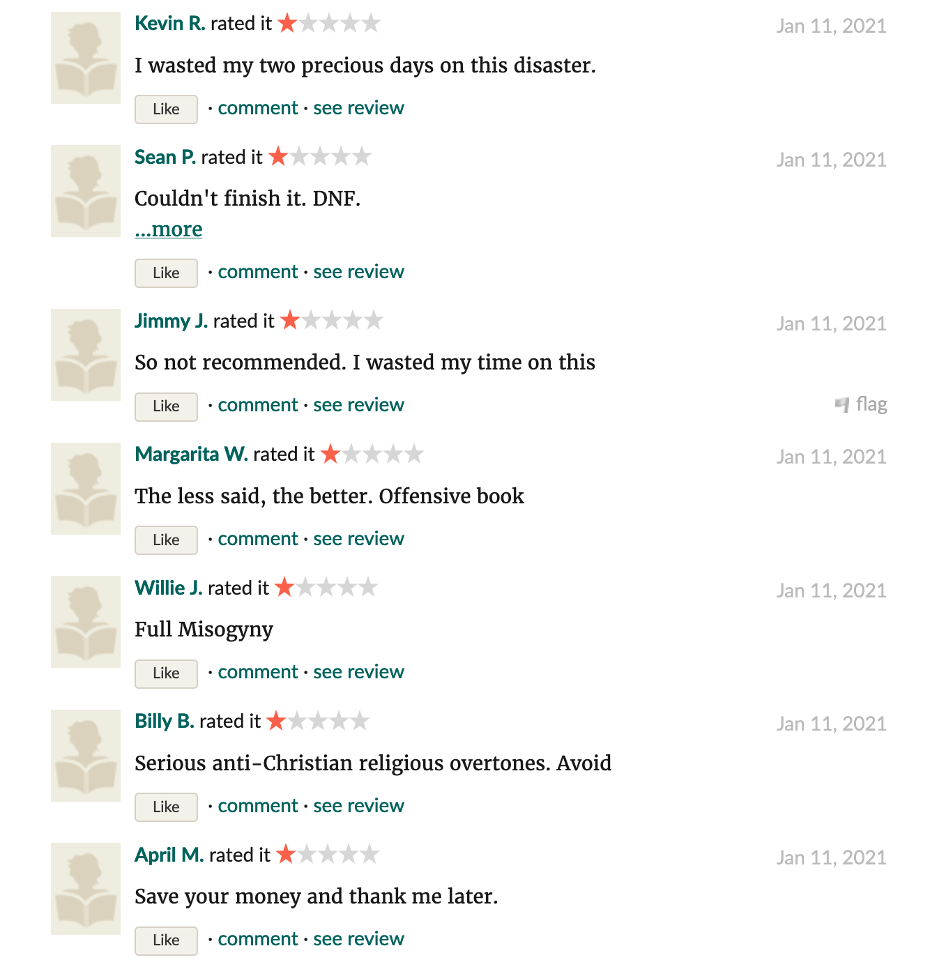 Goodreads screenshot. Some of the 1-star reviews I got. Kevin R.: "I wasted my two precious days on this disaster." Sean P.: "Couldn't finish it. DNF." Jimmy J.: "So not recommended. I wasted my time on this." Mararita W.: "The less said, the better. Offensive book" Willie J.: "Full Misogyny" Billy B.: "Serious anti-Christian overtones. Avoid" April M.: "Save your money and thank me later."