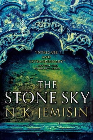 The Stone Sky cover, bluish and greenish stone background, some patterns carved in stone